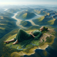 giantess earth mega blonde barefoot goddess dress lying_down mountains forest river closed_eyes belt gaia hair_bun incest ai_art poisonpen