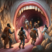 black_hair tongue armor sword mouth teeth fantasy saliva boots fangs monster cave staff cape belt hood imminent_vore on_tongue sharp_teeth spear shield torch adventurers maw ai_art poisonpen
