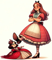 giantess crush blonde high_heels brunette socks dress crown queen shrunken_woman alice_in_wonderland hair_bow earrings no_background impending_stomp smug red_queen alice ai_art poisonpen