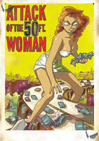breasts drawing giantess city mega color cleavage skirt buildings brunette highway vehicles red_nails straddling top attack_of_the_50_foot_woman nancy_archer bare_legs makeshift_clothing bare_midriff galaxytrousers