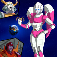 breasts drawing giantess giga horns wings space color robot blue_eyes planet handheld green_eyes thighs stars hands_on_hips helmet looking_at_tiny cosmic_giantess transformers arcee cutaway cybertron jamesstormet unicron rodimus_prime hot_rod