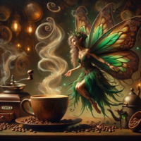 breasts wings blonde barefoot skirt fairy dress shrunken_woman coffee cup pointed_ears flower_in_hair ai_art poisonpen coffee_beans