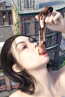 female giantess nude vore city mega black_hair blue_eyes handheld buildings brunette dark_skin unwilling amelia pred digital_render madamemaeve human oral_vore f/f female_prey
