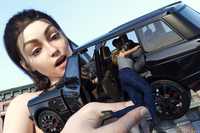 female giantess nude city blue_eyes handheld high_heels brunette vehicles unwilling imminent_vore amelia pinched looking_at_tiny pred madamemaeve human oral_vore f/f female_prey