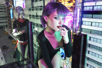 breasts giantess white_hair city mega cleavage purple_hair macross street giantesses scifi vehicles point_of_view looking_at_viewer belt tablet pointed_ears digital_render bare_legs neon_sign madamemaeve cyberpunk