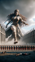 breasts giantess mega blonde armor sword barefoot cleavage skirt goddess crown queen bracelet spear helmet bare_legs legionnaires ai_art poisonpen boudica romans
