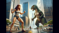 breasts city mega claws cleavage buildings brunette yellow_eyes red_hair sandals muscles battle shorts bus monster reptile freckles top belt crowds running_away scales kaiju bare_legs bare_midriff ai_art poisonpen
