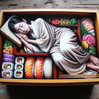 sleeping black_hair barefoot asian kimono shrunken_woman food rope box closed_eyes sushi bento ai_art poisonpen