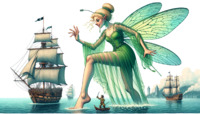 wings blonde sword ocean green_eyes fairy ponytail dress foot_crush legs tinkerbell ships canoe ai_art poisonpen
