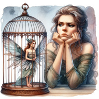 wings long_hair blue_eyes barefoot fairy brunette dress shrunken_woman cage no_background looking_at_tiny pointed_ears ai_art poisonpen