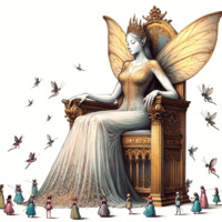 breasts giantess white_hair wings fairy dress crown queen shrunken_woman closed_eyes earrings throne white_skin no_background pointed_ears antennae ai_art poisonpen