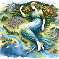 breasts giantess sleeping blonde barefoot water castle dress village mountains forest river nature closed_eyes belt ai_art poisonpen