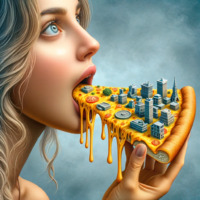 giantess city blonde long_hair blue_eyes eating shrunken_city necklace pizza no_background ai_art poisonpen chees