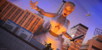 breasts giantess city mega blonde large_breasts rampage cleavage buildings helicopter glasses angry brunette dress short_hair bus open_mouth necklace belt bracelet jetslasher scarf looking_at_tiny digital_render