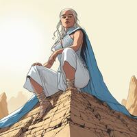 breasts giantess white_hair mega long_hair toes pyramid dress sandals foot_crush queen mountains pants cape looking_at_viewer sitting_on_building game_of_thrones daenerys_targaryen hand_on_knee ai_art