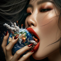 giantess vore earth giga space black_hair long_hair destruction planet asian red_nails planet_vore cosmic_giantess ai_art poisonpen
