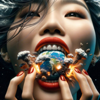 giantess vore earth giga space black_hair long_hair destruction planet asian red_nails earrings planet_vore cosmic_giantess ai_art poisonpen