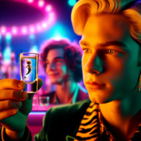 blonde handheld mermaid brown_eyes glass drink shrunken_woman jacket bar earrings looking_at_tiny ai_art poisonpen