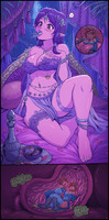 breasts drawing giantess karbo vore color large_breasts tongue fantasy barefoot cleavage bra bed purple_hair purple_eyes gloves pillow dress boots minigirl shrunken_woman inside_view necklace goggles orange_hair pointed_ears loincloth cutaway bare_midriff jewellery