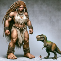 breasts blue_eyes barefoot cleavage bra muscles bones fist dreadlocks braid t-rex belt ripped_clothing running_away looking_at_tiny barbarian dinasour bare_midriff cavewoman ai_art poisonpen loin_cloth necklage