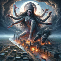 breasts giantess city mega black_hair destruction barefoot rampage skirt goddess kneeling fire crown smoke necklace earrings kali extra_arms ai_art poisonpen kali-yuga mahabharata