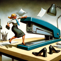 breasts blonde skirt high_heels glasses shoes office table tie stapler hair_bow office_lady briefcase bare_legs ai_art poisonpen