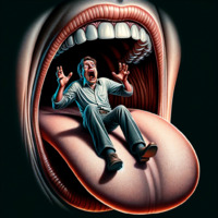 giantess tongue teeth shoes shrunken_man open_mouth pants screaming shirt belt imminent_vore on_tongue no_background ai_art poisonpen