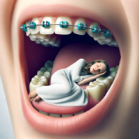 sleeping tongue teeth barefoot brunette shrunken_woman open_mouth rope closed_eyes braces imminent_vore ai_art poisonpen