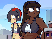 breasts drawing giantess city mega black_hair color long_hair cleavage buildings brunette muscles abs giantesses dark_skin hands_on_hips hairband sports_bra vanessa breast_envy hair_covering_eyes bare_midriff megamaliit molly hair_streak