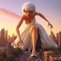 breasts giantess white_hair city mega large_breasts destruction cleavage buildings green_eyes street ginormica dress short_hair kneeling foot_crush wedding_dress vehicles bride monsters_vs_aliens vehicle_crush susan_murphy dreamworks zboczony ai_art