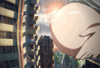 breasts nipples giantess mega large_breasts buildings anime sun animation rain jiggle cupping_breasts
