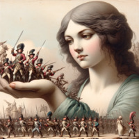 giantess handheld brunette military brown_eyes hat soldiers guns lilliput swords marching looking_at_tinies glumdalclitch brobdingnag ai_art poisonpen