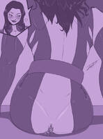 drawing giantess angel monochrome long_hair butt butt_crush gloves sitting shrunken_man costume belt x-men jora-bora wolverine no_background laura_kinney marvel_comics cutaway