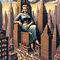 breasts giantess city mega blonde high_heels buildings dress necklace new_york_city belt crowds sitting_on_building ai_art poisonpen 1930s pulp margo_lane the_shadow