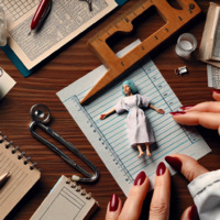barefoot shrunken_woman pen hospital_gown notepad red_nails notes measurement ai_art poisonpen