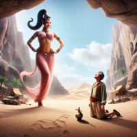 breasts giantess black_hair barefoot cleavage bra desert ponytail kneeling genie palm_trees necklace bracelet hands_on_hips genie_lamp pointed_ears bare_midriff turban ai_art poisonpen