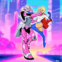 breasts drawing giantess city blonde color robot blue_eyes gloves mini_giantess boots fighting costume cape belt leotard power_girl dc_comics transformers bare_legs arcee rod_allen