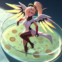 breasts wings blonde high_heels gloves ponytail boots zboczony overwatch mercy_(overwatch) petri_dish ai_art