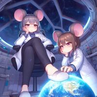 breasts furry earth space brunette purple_eyes scientist chair indoors grey_hair lab_coat shrunken_planet mouse_ears zboczony ai_art
