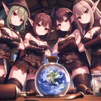 breasts giantess earth armor cleavage skirt brunette brown_eyes pink_hair elf green_hair giantesses cape belt pointed_ears witch_hat shrunken_planet bare_legs zboczony flask ai_art