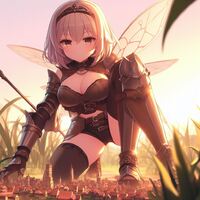 breasts wings city cleavage fairy stockings gloves kneeling shorts grass shrunken_city belt hairband bare_legs zboczony ai_art