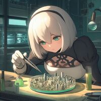 breasts white_hair buildings green_eyes gloves shrunken_city hairband laboratory test_tubes zboczony nier_automata 2b pincers ai_art