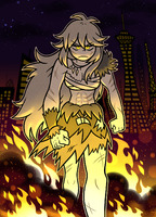 breasts drawing giantess city mega blonde color long_hair rampage cleavage skirt angry yellow_eyes muscles fire night fist las_vegas necklace top ripped_clothing scars bare_legs makeshift_clothing mast3r_rainb0w