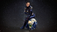 breasts giantess giga space black_hair planet sitting costume annoyed legs_crossed digital_render sitting_on_planet marvel_comics hope_van_dyne the_wasp scarlett-gts