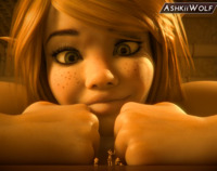 gentle mega green_eyes smiling elf red_hair cute animation shrunken_people voluptuous freckles digital_render opal ashkiiwolf looking_at_tinies