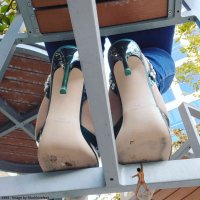 collage feet high_heels jeans shrunken_man outdoors point_of_view hanging_on under_table marklovefeet under_chair