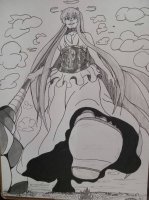 drawing crush city mega long_hair armor cleavage dress clouds under_shoe staff point_of_view bangs imminent_crush jzstudios saint seiya_athena