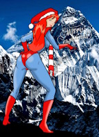 breasts drawing giantess collage giga color long_hair butt blue_eyes christmas gloves red_hair boots mountains snow costume giant_girl looking_at_viewer hands_on_hips behind_view santa_hat scarf inspector97 mary_jane spider-man marvel_comics earth_20052 ci0 mount_everest