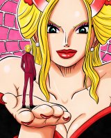 breasts drawing giantess blonde color blue_eyes handheld one_piece cleavage shoes gloves dress short_hair unknown_artist hand palm shrunken_man pants red_lips red_nails jacket earrings sanji on_palm black_maria jolsuke