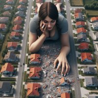 breasts giantess mega destruction rampage cleavage brunette lying_down twintails houses outdoors suburbia looking_at_victims observing pondering laying ai_art lordgts